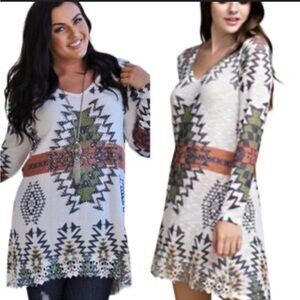 Vocal Aztec Tribal Southwest Tunic Sweater With Rhinestones- Size Large